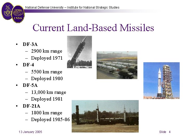 National Defense University – Institute for National Strategic Studies Current Land-Based Missiles • DF-3