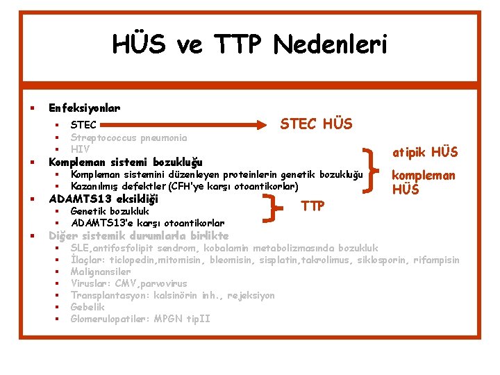 HÜS ve TTP Nedenleri Enfeksiyonlar STEC HÜS STEC Streptococcus pneumonia HIV Kompleman sistemini düzenleyen