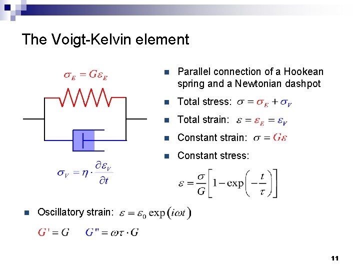 The Voigt-Kelvin element n n Parallel connection of a Hookean spring and a Newtonian