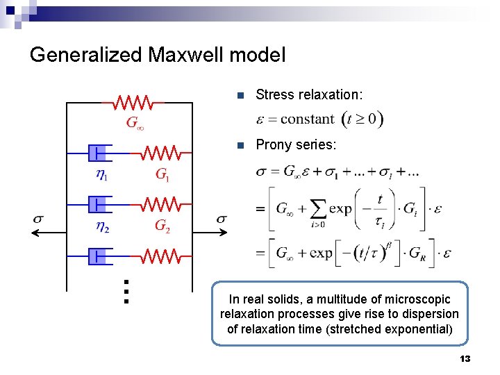 Generalized Maxwell model n Stress relaxation: n Prony series: … In real solids, a