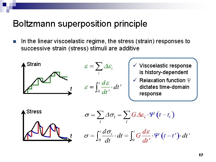 Boltzmann superposition principle n In the linear viscoelastic regime, the stress (strain) responses to