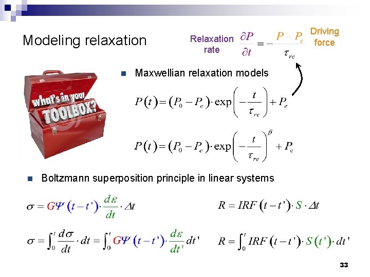 Modeling relaxation n n Relaxation rate Driving force Maxwellian relaxation models Boltzmann superposition principle