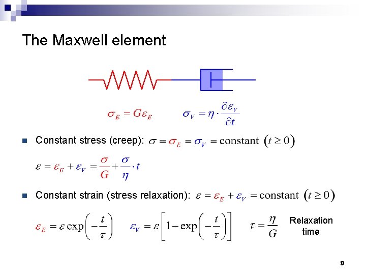 The Maxwell element n Constant stress (creep): n Constant strain (stress relaxation): Relaxation time