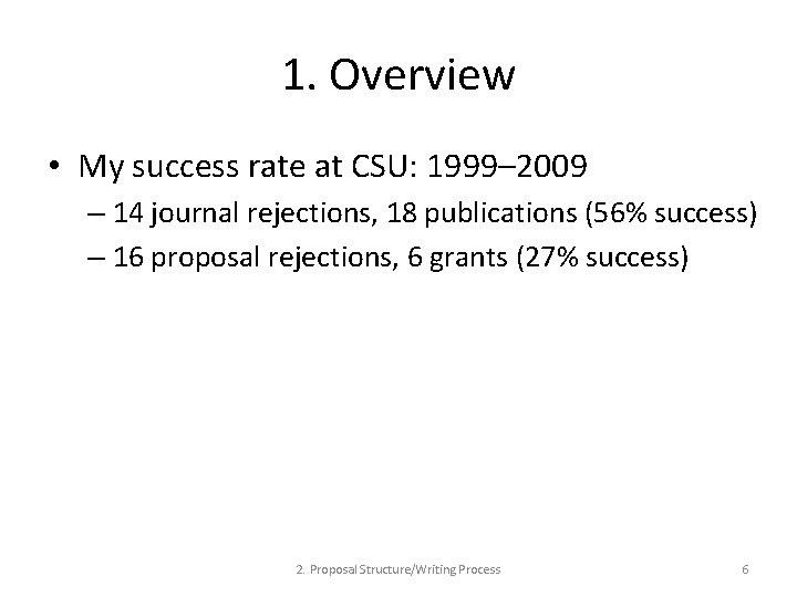 1. Overview • My success rate at CSU: 1999– 2009 – 14 journal rejections,