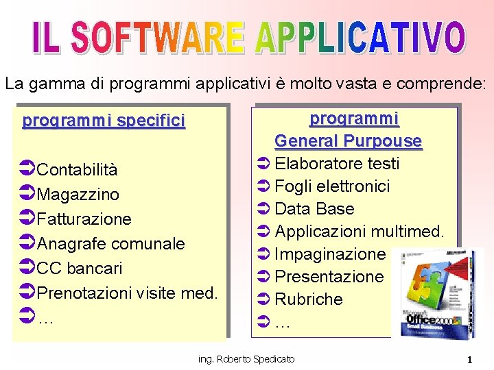 La gamma di programmi applicativi è molto vasta e comprende: programmi specifici ÜContabilità ÜMagazzino