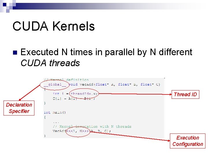CUDA Kernels n Executed N times in parallel by N different CUDA threads Thread