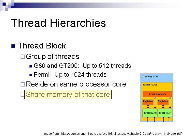 Thread Hierarchies n Thread Block ¨ Group of threads G 80 and GT 200: