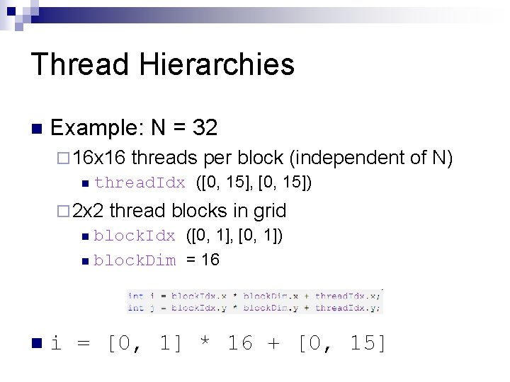 Thread Hierarchies n Example: N = 32 ¨ 16 x 16 threads per block