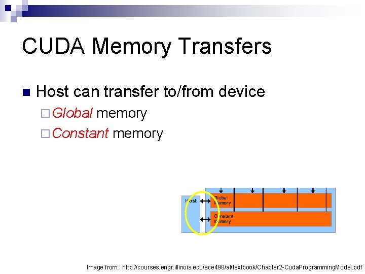 CUDA Memory Transfers n Host can transfer to/from device ¨ Global memory ¨ Constant
