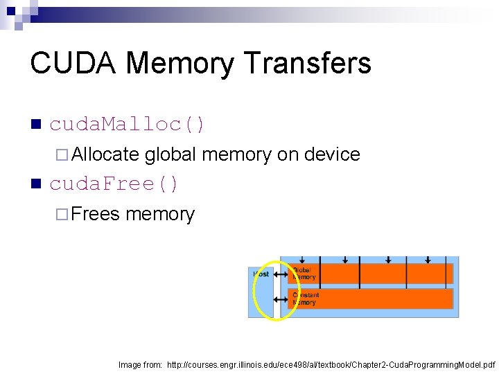 CUDA Memory Transfers n cuda. Malloc() ¨ Allocate n global memory on device cuda.