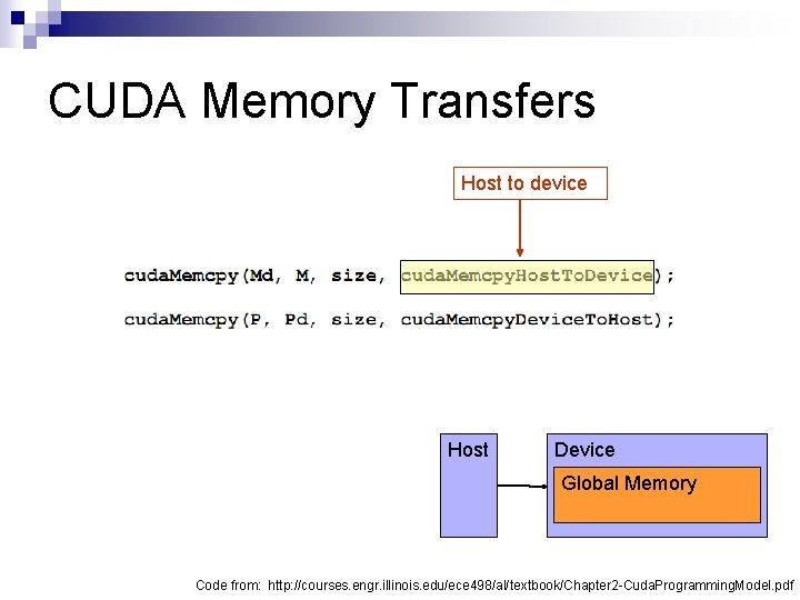 CUDA Memory Transfers Host to device Host Device Global Memory Code from: http: //courses.