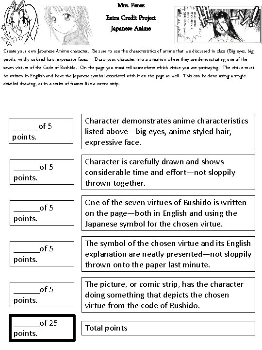 Mrs. Perez Extra Credit Project Japanese Anime Create your own Japanese Anime character. Be