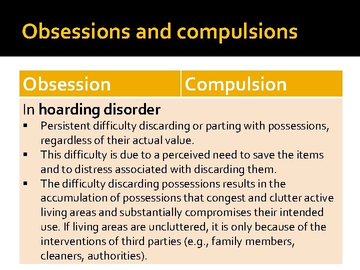 Obsessions and compulsions Obsession In hoarding disorder Compulsion Persistent difficulty discarding or parting with