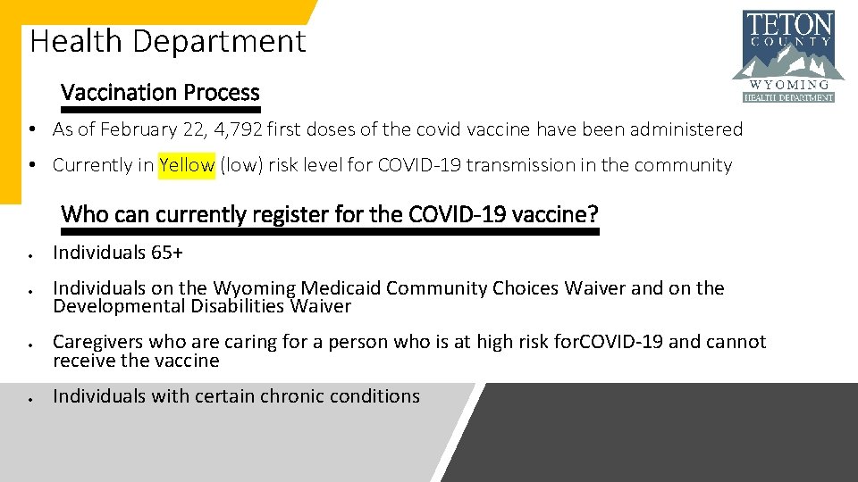 Health Department Vaccination Process • As of February 22, 4, 792 first doses of