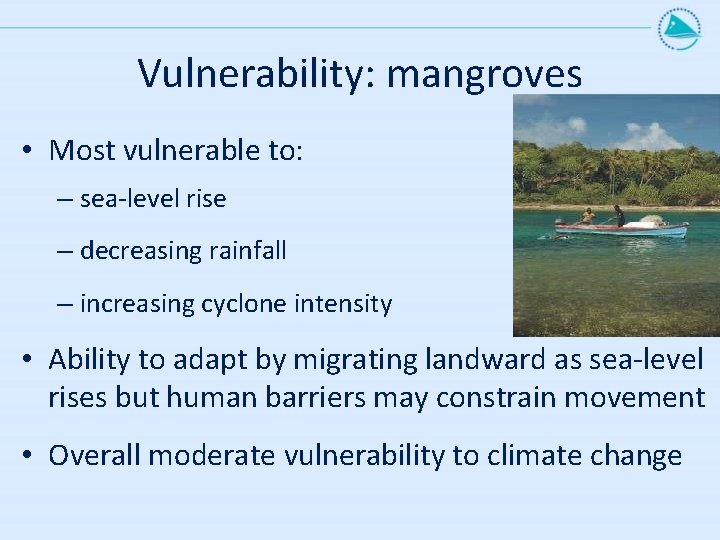 Vulnerability: mangroves • Most vulnerable to: – sea-level rise – decreasing rainfall – increasing