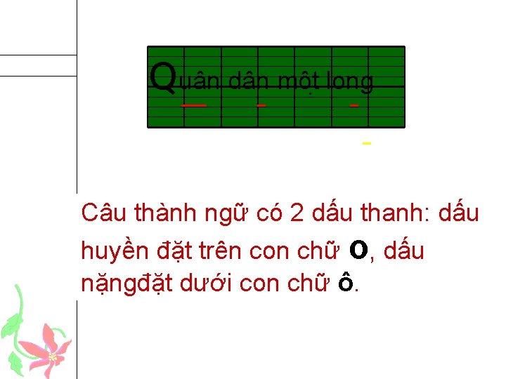 Quân dân môt long. Câu thành ngữ có 2 dấu thanh: dấu Các con