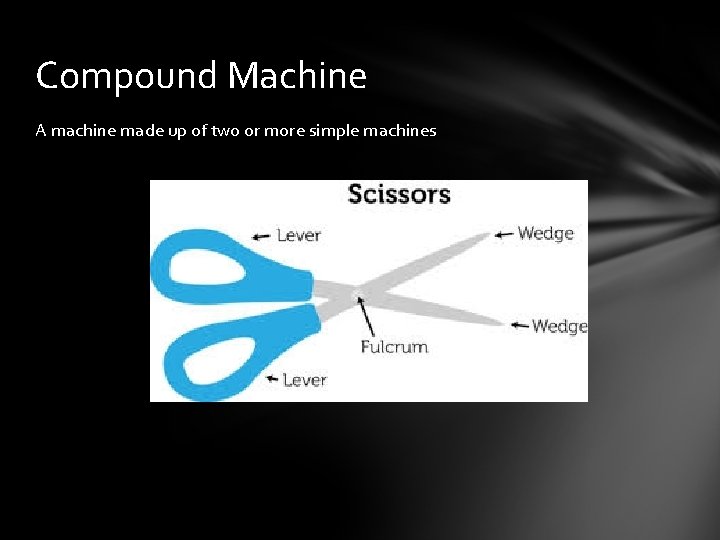 Compound Machine A machine made up of two or more simple machines 