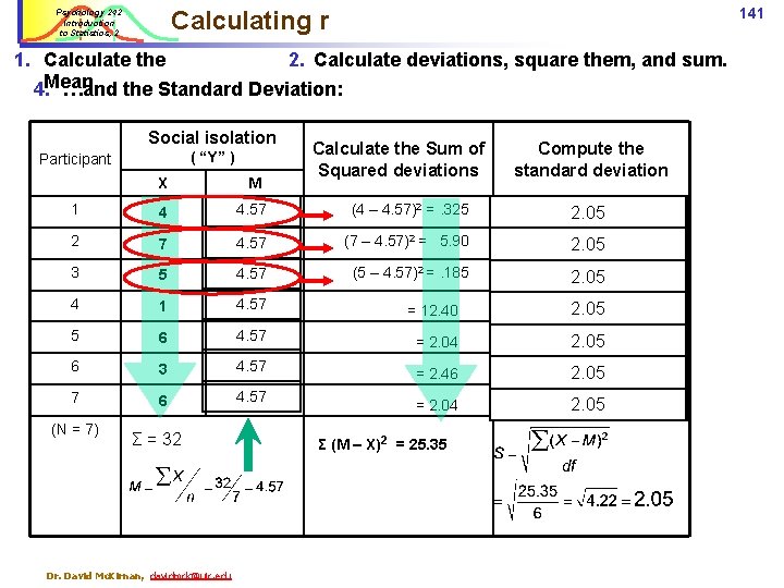 141 Calculating r Psychology 242 Introduction to Statistics, 2 1. Calculate the 2. Calculate