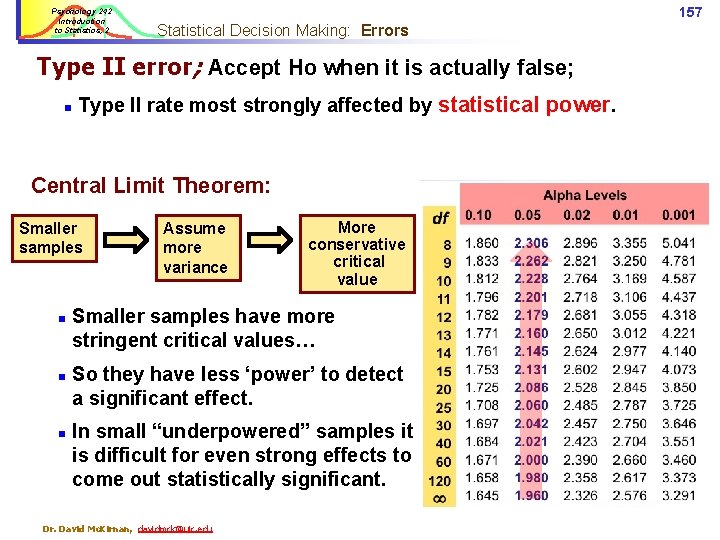 Psychology 242 Introduction to Statistics, 2 157 Statistical Decision Making: Errors Type II error;