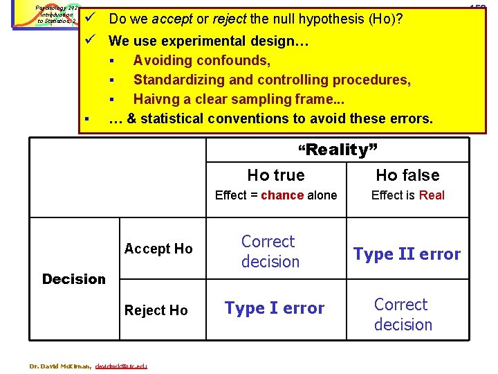 Psychology 242 Introduction to Statistics, 2 ü Do we accept or reject the null
