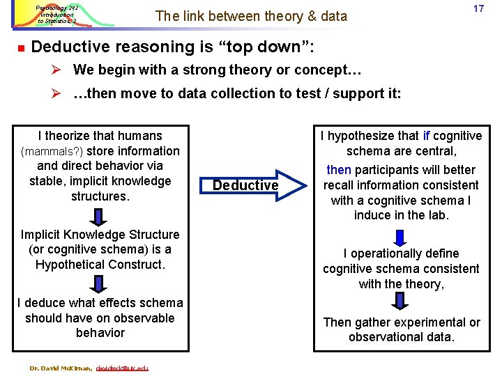 Psychology 242 Introduction to Statistics, 2 n The link between theory & data 17