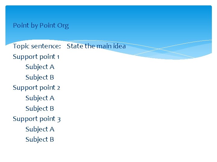 Point by Point Org Topic sentence: State the main idea Support point 1 Subject