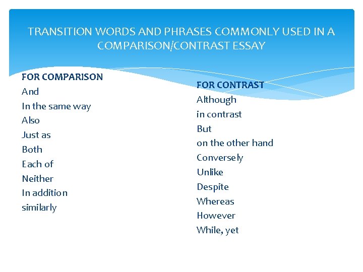 TRANSITION WORDS AND PHRASES COMMONLY USED IN A COMPARISON/CONTRAST ESSAY FOR COMPARISON And In