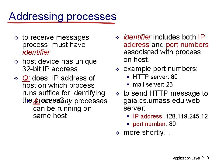 Addressing processes v v v to receive messages, process must have identifier host device