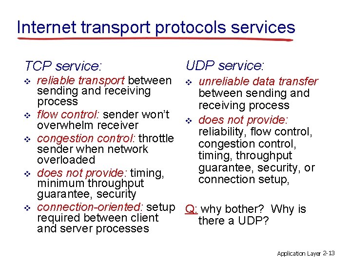 Internet transport protocols services TCP service: v v v UDP service: reliable transport between