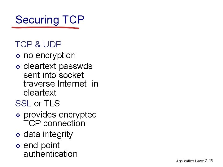 Securing TCP & UDP v no encryption v cleartext passwds sent into socket traverse