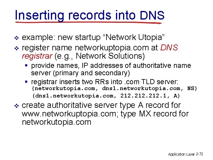 Inserting records into DNS v v example: new startup “Network Utopia” register name networkuptopia.