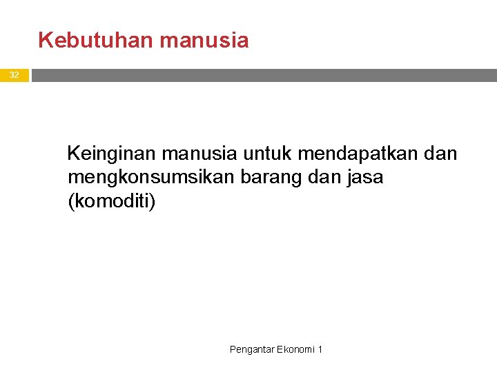 Kebutuhan manusia 32 Keinginan manusia untuk mendapatkan dan mengkonsumsikan barang dan jasa (komoditi) Pengantar