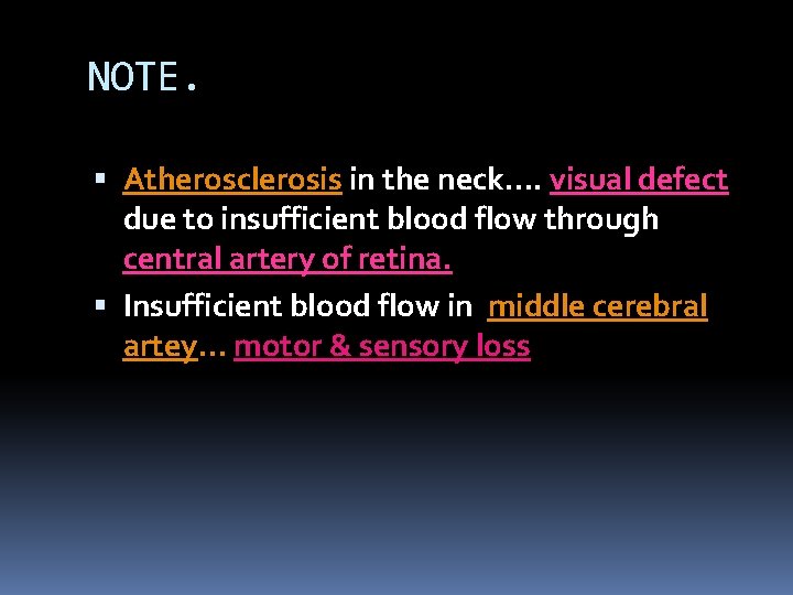 NOTE. Atherosclerosis in the neck…. visual defect due to insufficient blood flow through central