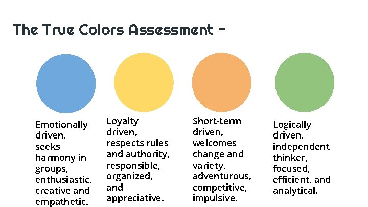 The True Colors Assessment - Emotionally driven, seeks harmony in groups, enthusiastic, creative and