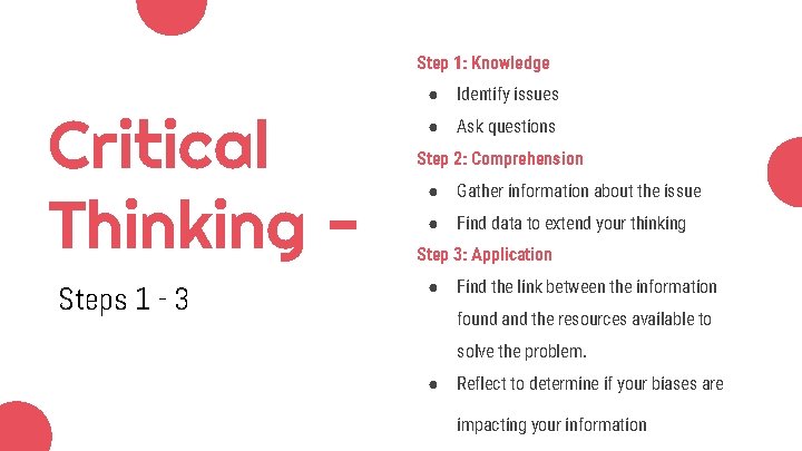 Step 1: Knowledge Critical Thinking Steps 1 - 3 ● Identify issues ● Ask