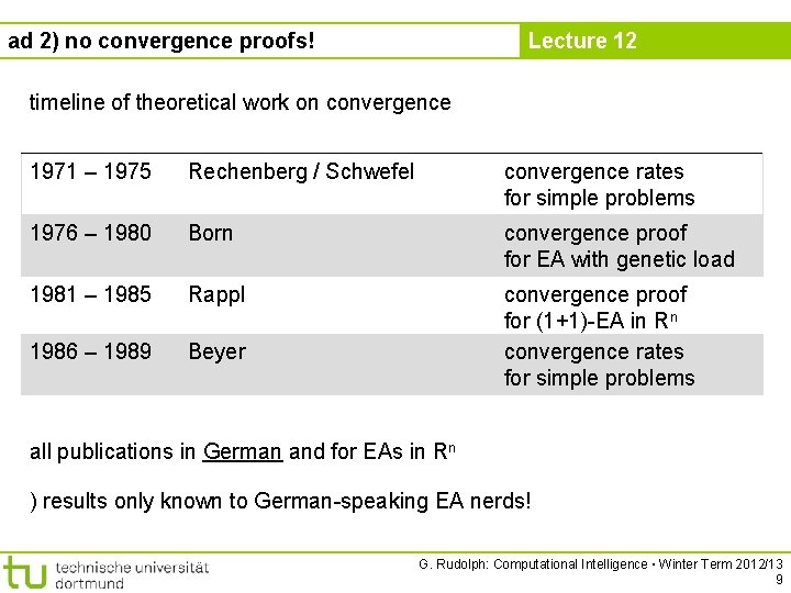 Lecture 12 ad 2) no convergence proofs! timeline of theoretical work on convergence 1971