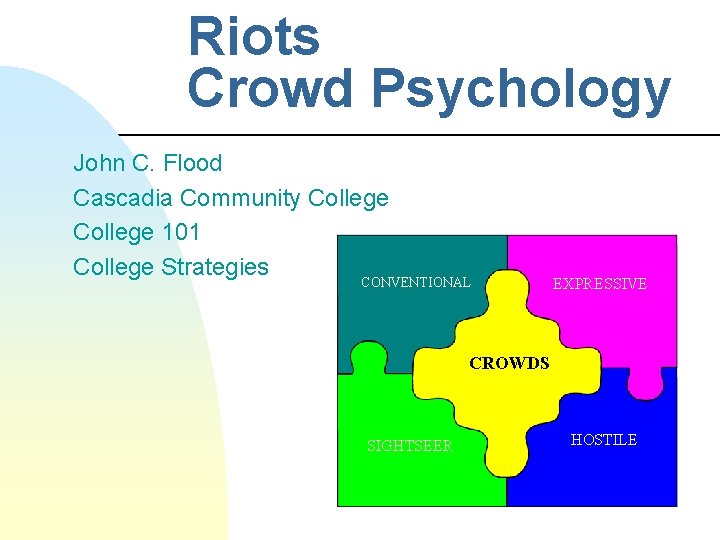 Riots Crowd Psychology John C. Flood Cascadia Community College 101 College Strategies CONVENTIONAL EXPRESSIVE