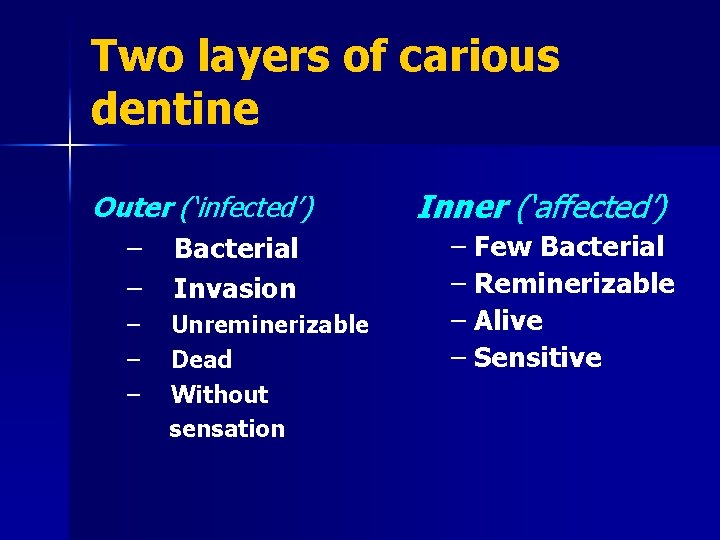 Two layers of carious dentine Outer (‘infected’) – Bacterial – Invasion – – –