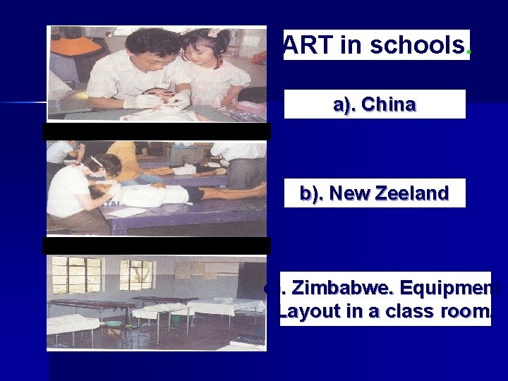 ART in schools. a). China b). New Zeeland c). Zimbabwe. Equipment Layout in a