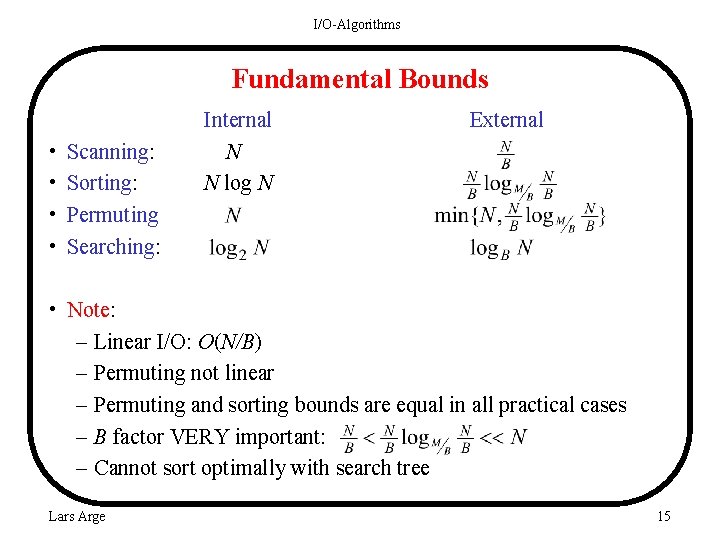 I/O-Algorithms Fundamental Bounds • • Scanning: Sorting: Permuting Searching: Internal N N log N