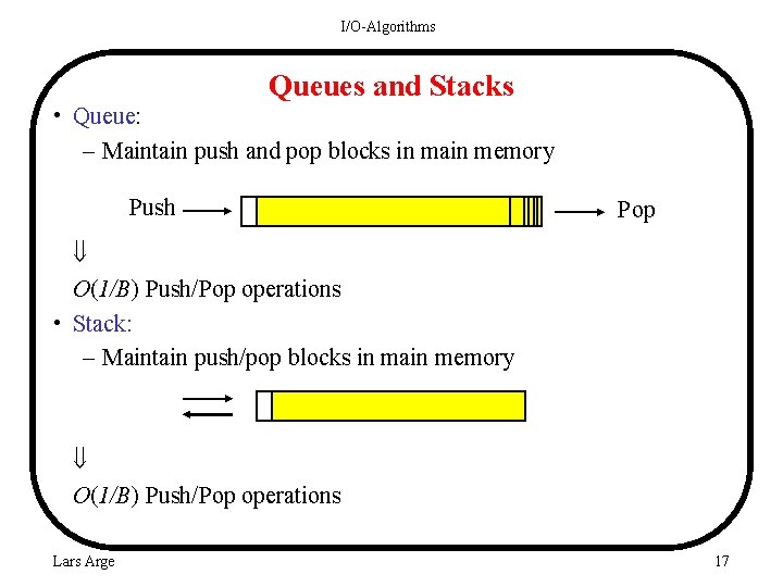 I/O-Algorithms Queues and Stacks • Queue: – Maintain push and pop blocks in main