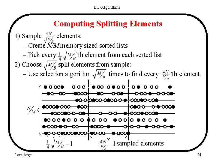 I/O-Algorithms Computing Splitting Elements 1) Sample elements: – Create N/M memory sized sorted lists