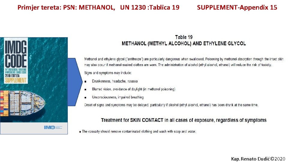 Primjer tereta: PSN: METHANOL, UN 1230 : Tablica 19 SUPPLEMENT-Appendix 15 Kap. Renato Dudić©