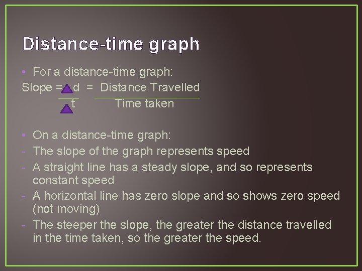 Distance-time graph • For a distance-time graph: Slope = d = Distance Travelled t