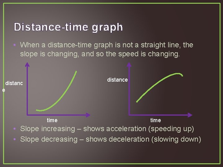 Distance-time graph • When a distance-time graph is not a straight line, the slope