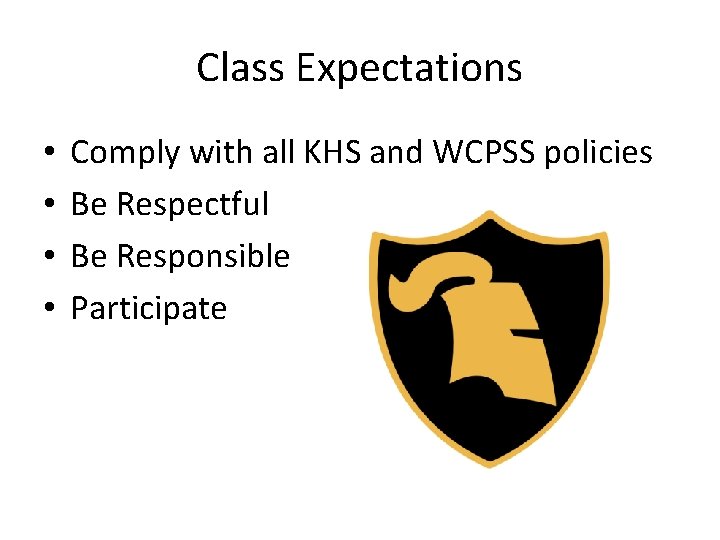 Class Expectations • • Comply with all KHS and WCPSS policies Be Respectful Be