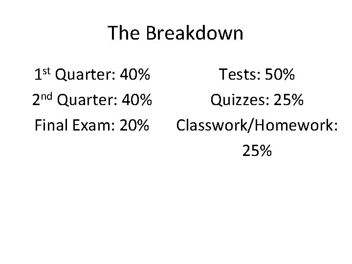 The Breakdown 1 st Quarter: 40% 2 nd Quarter: 40% Final Exam: 20% Tests: