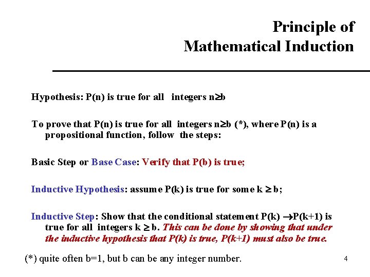 Principle of Mathematical Induction Hypothesis: P(n) is true for all integers n b To Principle of Mathematical Induction Hypothesis: P(n) is true for all integers n b To