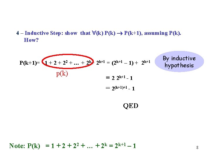 4 – Inductive Step: show that (k) P(k) P(k+1), assuming P(k). How? P(k+1)= 1 4 – Inductive Step: show that (k) P(k) P(k+1), assuming P(k). How? P(k+1)= 1