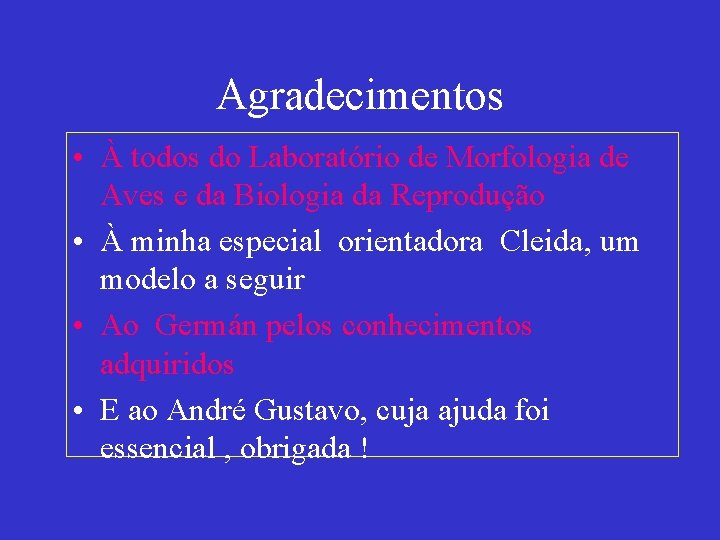 Agradecimentos • À todos do Laboratório de Morfologia de Aves e da Biologia da